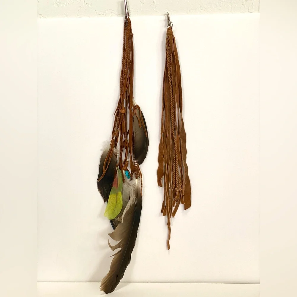 OOAK tribal brown leather feather clip set. Festival Burning Man